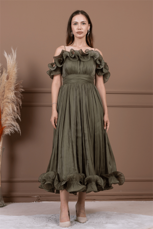 Şifon Kumaş Volan Detaylı Midi Elbise - HAKİ YEŞİLİ - Angelino Moda
