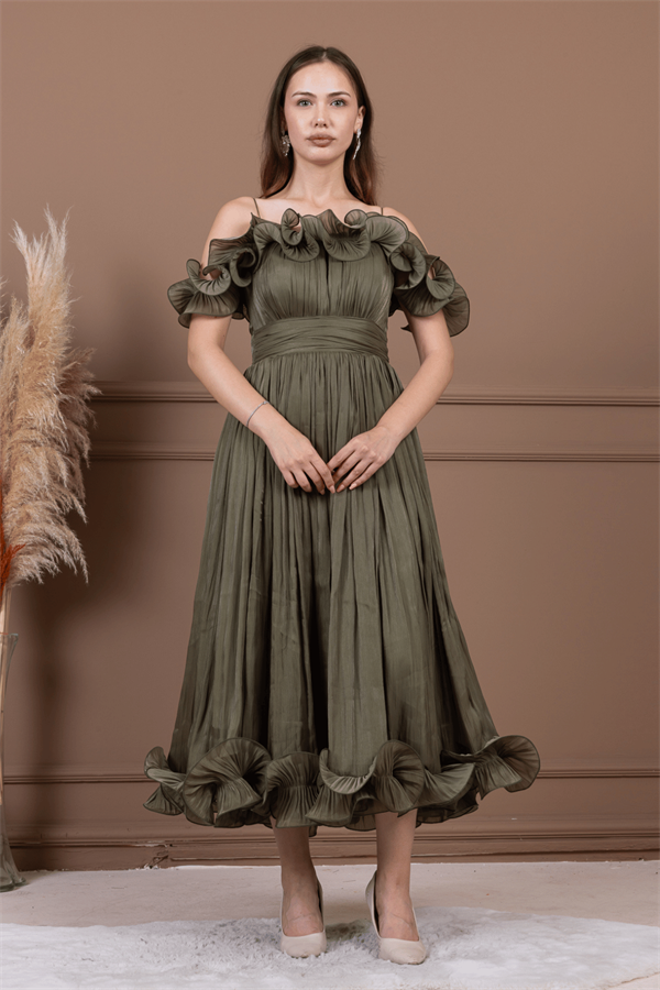 Şifon Kumaş Volan Detaylı Midi Elbise - HAKİ YEŞİLİ - 2