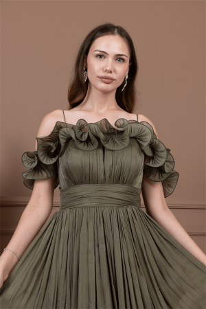 Şifon Kumaş Volan Detaylı Midi Elbise - HAKİ YEŞİLİ - 3