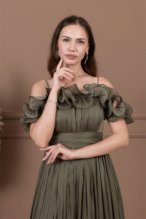 Şifon Kumaş Volan Detaylı Midi Elbise - HAKİ YEŞİLİ - 4