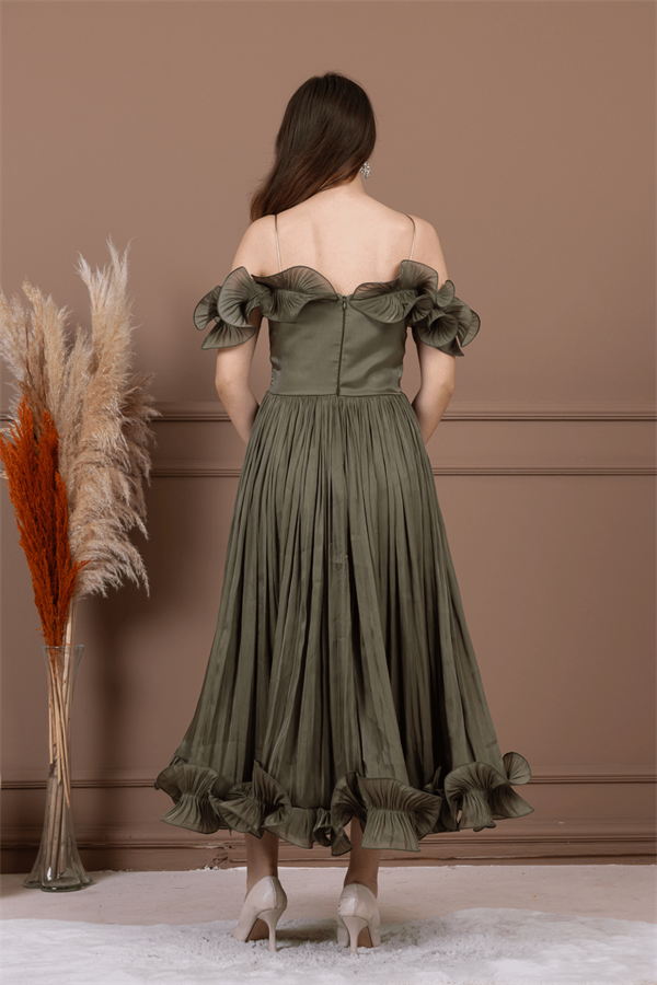 Şifon Kumaş Volan Detaylı Midi Elbise - HAKİ YEŞİLİ - 5