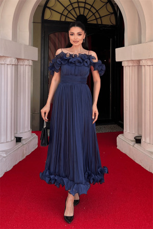 Şifon Kumaş Volan Detaylı Midi Elbise - LACİVERT - Angelino Moda