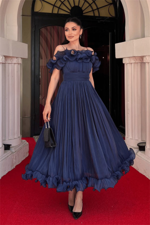 Şifon Kumaş Volan Detaylı Midi Elbise - LACİVERT - Angelino Moda (1)
