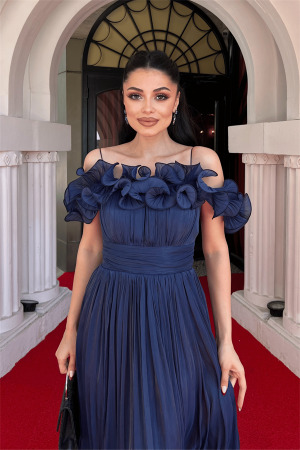 Şifon Kumaş Volan Detaylı Midi Elbise - LACİVERT - 3