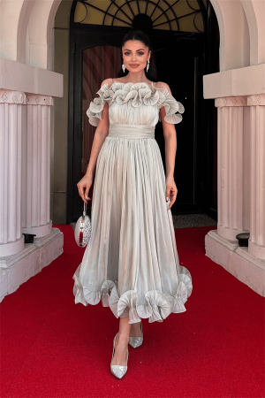 Şifon Kumaş Volan Detaylı Midi Elbise - MİNT YEŞİLİ - Angelino Moda