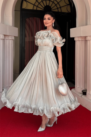 Şifon Kumaş Volan Detaylı Midi Elbise - MİNT YEŞİLİ - Angelino Moda (1)