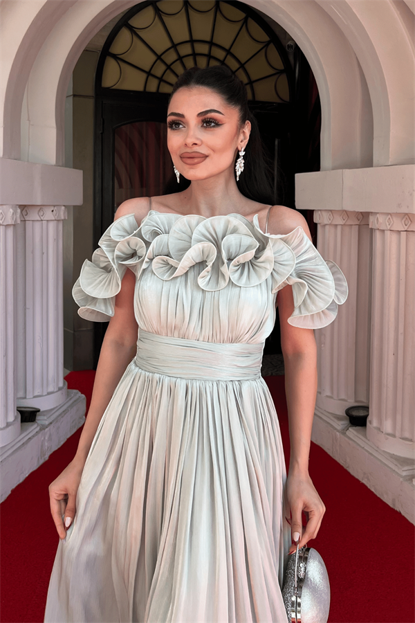 Şifon Kumaş Volan Detaylı Midi Elbise - MİNT YEŞİLİ - 3