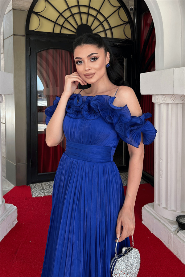 Şifon Kumaş Volan Detaylı Midi Elbise - SAKS MAVİ - 4