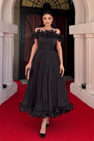 Şifon Kumaş Volan Detaylı Midi Elbise - SİYAH - Angelino Moda