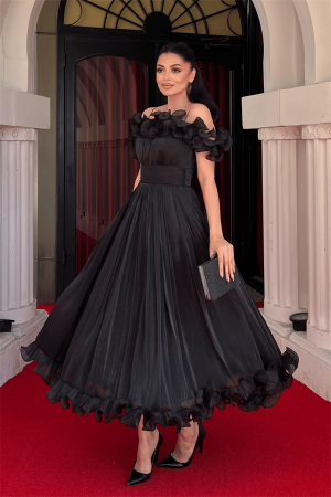 Şifon Kumaş Volan Detaylı Midi Elbise - SİYAH - Angelino Moda (1)