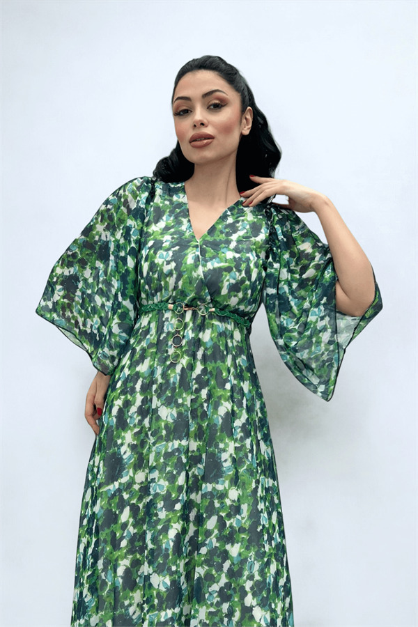Şifon Kumaş Yarasa Kol Midi Elbise - YEŞİL - 1