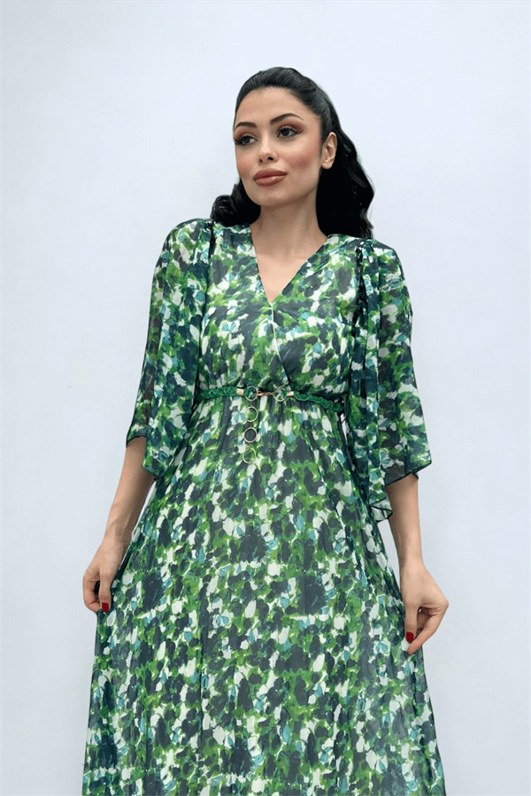 Şifon Kumaş Yarasa Kol Midi Elbise - YEŞİL - 3