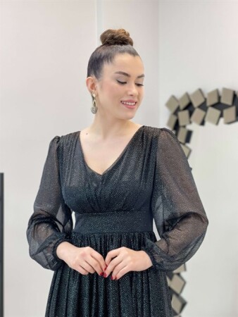 Sim Detaylı Midi Elbise - SİYAH - 4