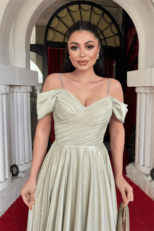 Simli Krep Kumaş Büzgülü Askılı Abiye Elbise - GOLD - 3