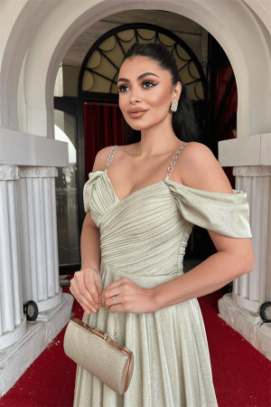 Simli Krep Kumaş Büzgülü Askılı Abiye Elbise - GOLD - 4