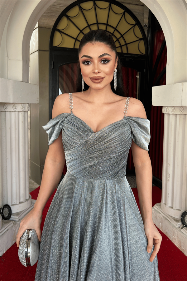 Simli Krep Kumaş Büzgülü Askılı Abiye Elbise - GÜMÜŞ - 3