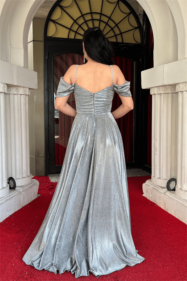 Simli Krep Kumaş Büzgülü Askılı Abiye Elbise - GÜMÜŞ - 5