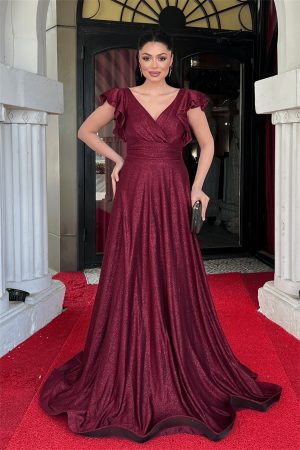 Simli Krep Kumaş Omuz Volanlı Abiye Elbise - BORDO - Angelino Moda (1)