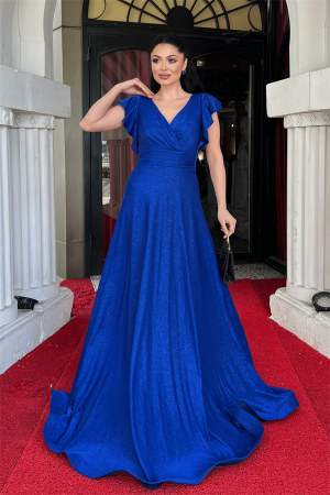 Simli Krep Kumaş Omuz Volanlı Abiye Elbise - SAKS MAVİ - Angelino Moda (1)