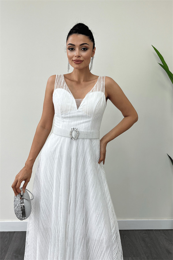 Simli Kumaş Askılı Midi Elbise - BEYAZ - 3