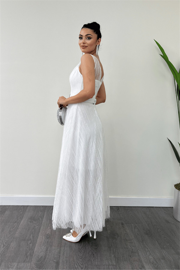 Simli Kumaş Askılı Midi Elbise - BEYAZ - 5