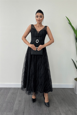 Simli Kumaş Askılı Midi Elbise - SİYAH - Angelino Moda