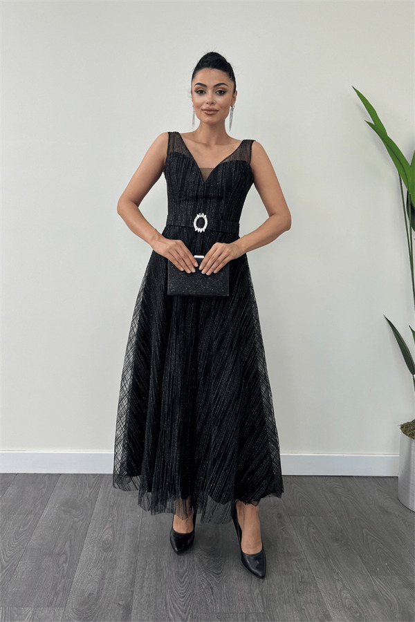 Simli Kumaş Askılı Midi Elbise - SİYAH - 1