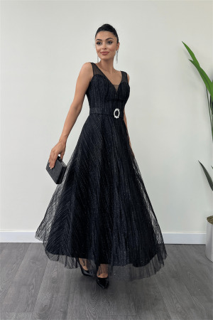 Simli Kumaş Askılı Midi Elbise - SİYAH - Angelino Moda (1)