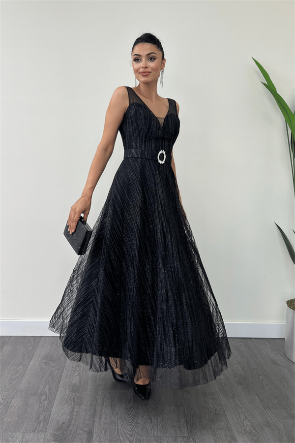 Simli Kumaş Askılı Midi Elbise - SİYAH - 2