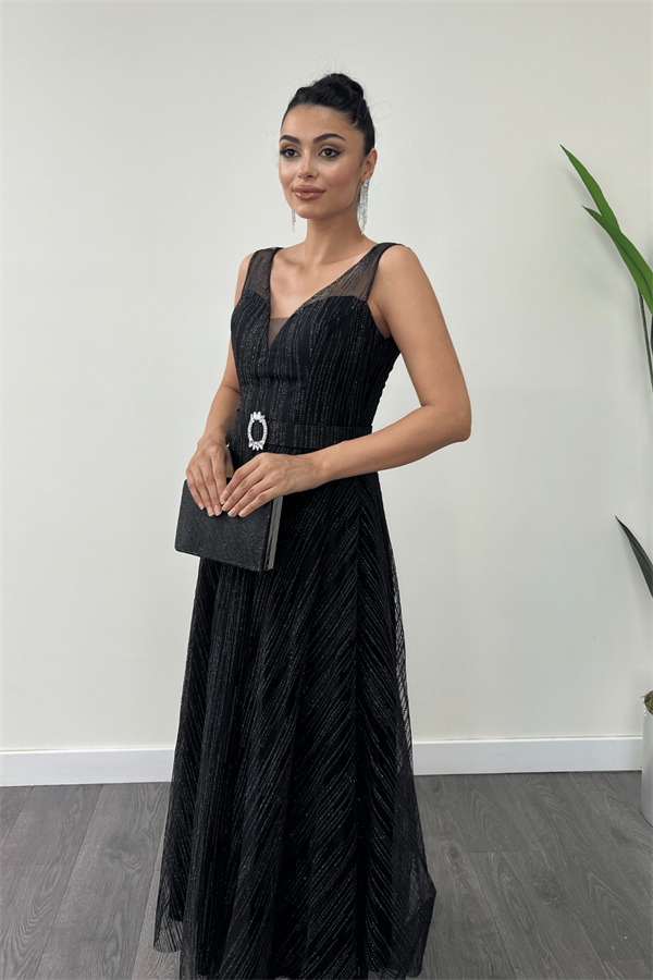 Simli Kumaş Askılı Midi Elbise - SİYAH - 3