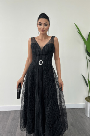 Simli Kumaş Askılı Midi Elbise - SİYAH - 4