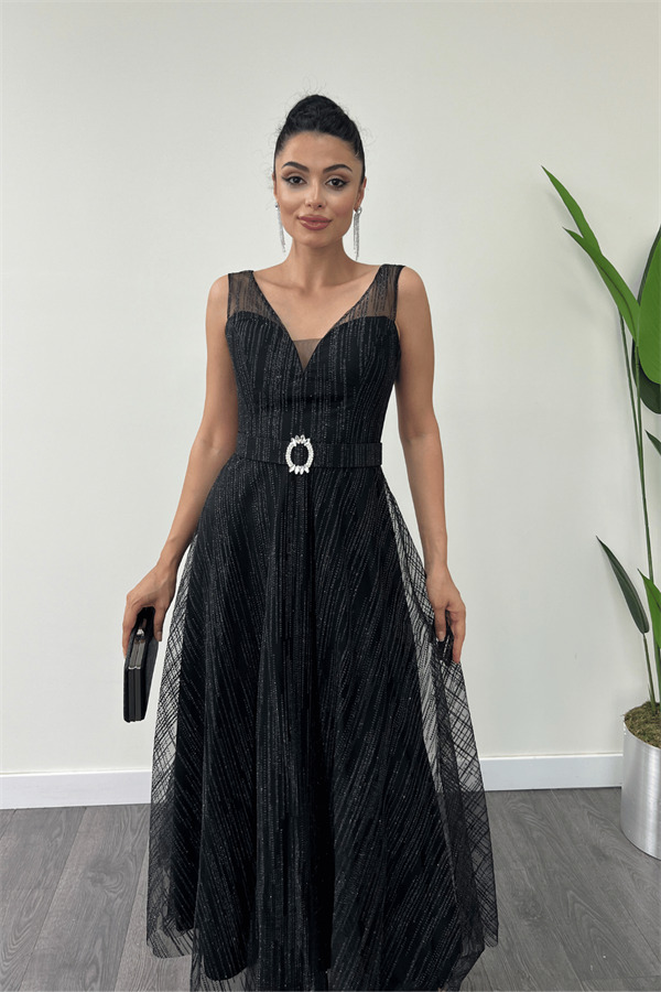 Simli Kumaş Askılı Midi Elbise - SİYAH - 4