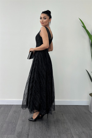 Simli Kumaş Askılı Midi Elbise - SİYAH - 5