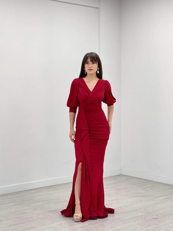 Simli Kumaş Balık Model Volan Detaylı Abiye Elbise - KIRMIZI - 1