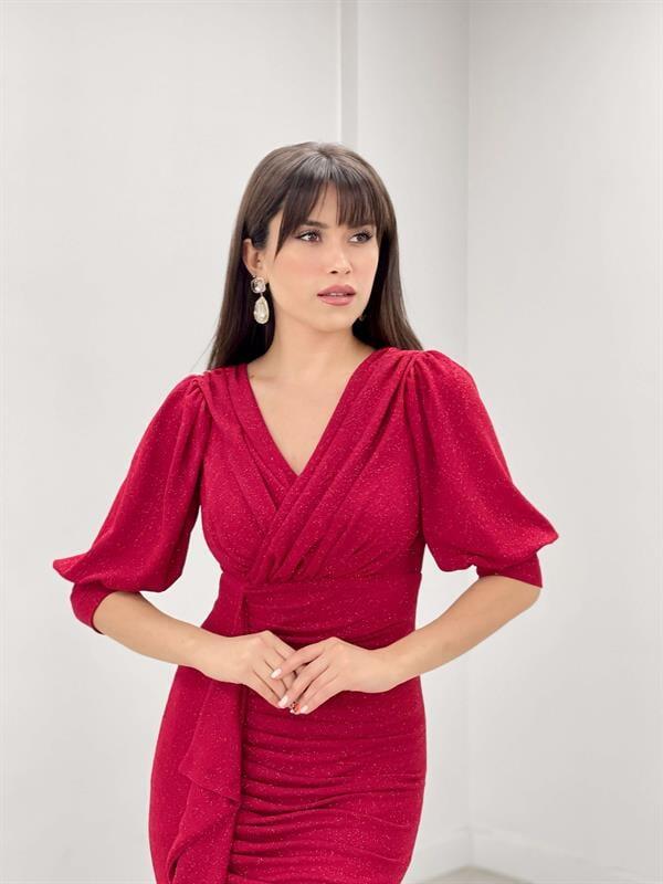 Simli Kumaş Balık Model Volan Detaylı Abiye Elbise - KIRMIZI - 4