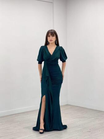 Simli Kumaş Balık Model Volan Detaylı Abiye Elbise - ZÜMRÜT YEŞİL - Angelino Moda