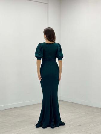 Simli Kumaş Balık Model Volan Detaylı Abiye Elbise - ZÜMRÜT YEŞİL - 5