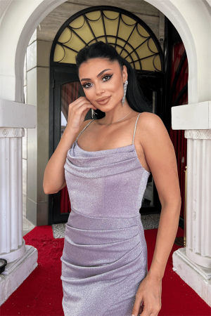 Simli Kumaş Degaje Yaka Abiye Elbise - PUDRA - 3