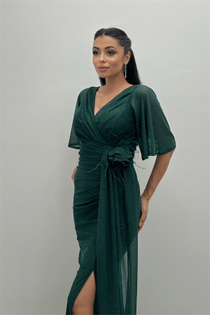 Simli Kumaş Gül Şal Detaylı Balık Elbise - ZÜMRÜT - 3