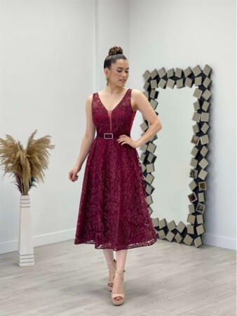 Simli Kumaş Kalın Askılı Midi Elbise - BORDO - 1