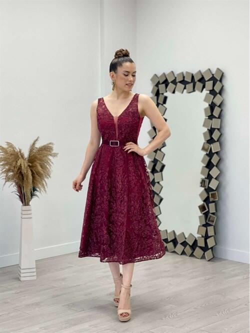 Simli Kumaş Kalın Askılı Midi Elbise - BORDO - 1