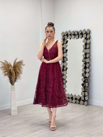 Simli Kumaş Kalın Askılı Midi Elbise - BORDO - 2