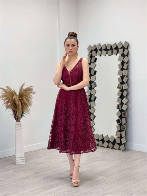 Simli Kumaş Kalın Askılı Midi Elbise - BORDO - 2