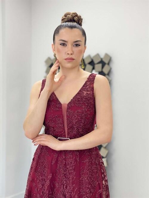 Simli Kumaş Kalın Askılı Midi Elbise - BORDO - 4