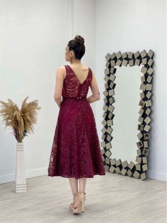 Simli Kumaş Kalın Askılı Midi Elbise - BORDO - 5