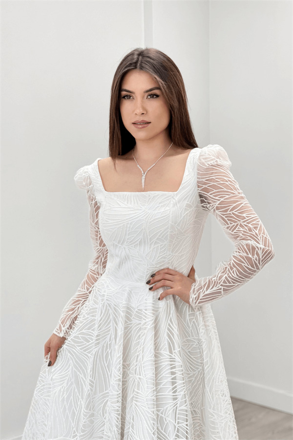 Simli Kumaş Kare Yaka Midiboy Elbise - BEYAZ - 3