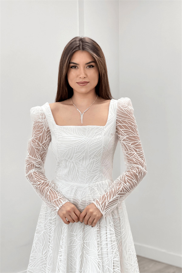 Simli Kumaş Kare Yaka Midiboy Elbise - BEYAZ - 4