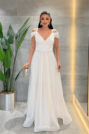 Simli Kumaş Kayık Yaka Abiye Elbise - BEYAZ - Angelino Moda