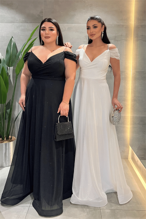 Simli Kumaş Kayık Yaka Abiye Elbise - BEYAZ - Angelino Moda (1)
