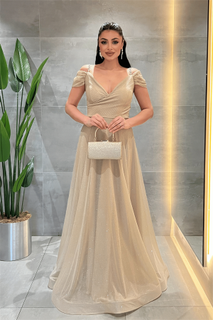 Simli Kumaş Kayık Yaka Abiye Elbise - GOLD - Angelino Moda